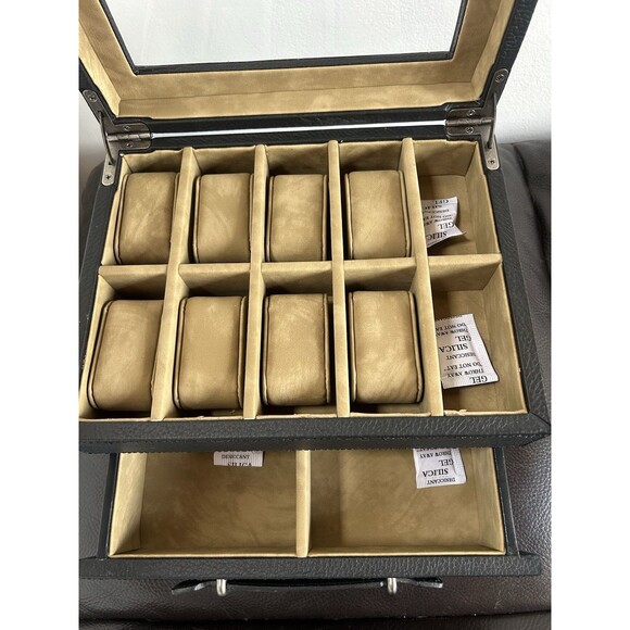 Fossil 10 Piece Watch Box Black w/ Storage Pull Out Drawer Jewelry Leather Trim - Picture 4 of 10